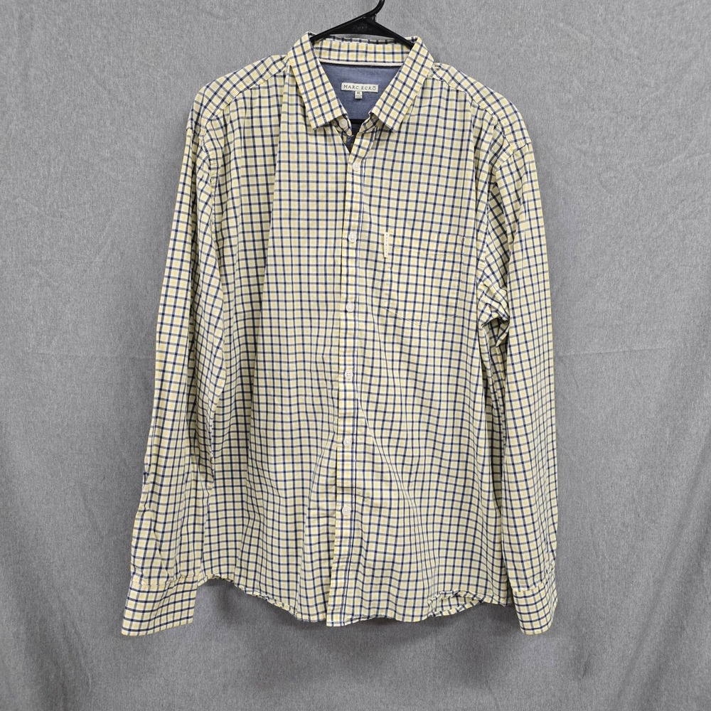 Marc Ecko Mens XL Gingham Button Down Shirt Yellow Navy Blue Plaid Long Sleeve
